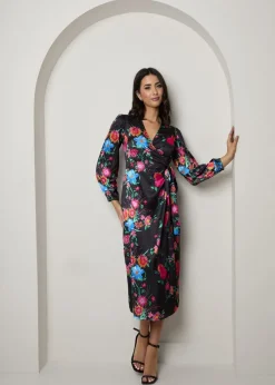 Dresses>Chi Chi London Black Plus Size Long Sleeve Floral Wrap Dress
