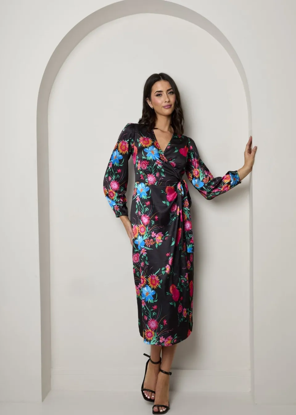 Dresses>Chi Chi London Black Plus Size Long Sleeve Floral Wrap Dress
