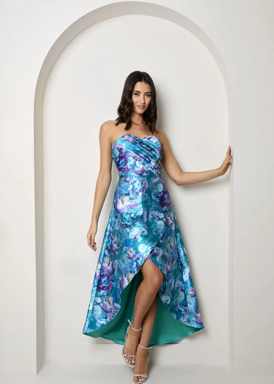 Dresses>Chi Chi London Blue Bandeau Sweetheart Floral Wrap Detail Dip Hem Dress