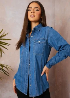 Tops>Chi Chi London Blue Long Sleeve Denim Shirt