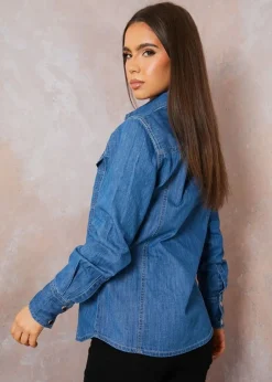 Tops>Chi Chi London Blue Long Sleeve Denim Shirt