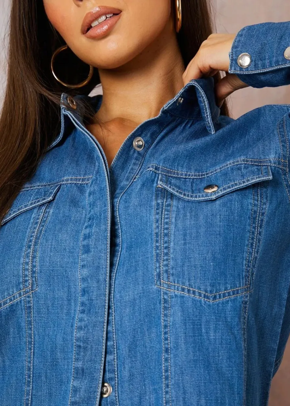 Tops>Chi Chi London Blue Long Sleeve Denim Shirt