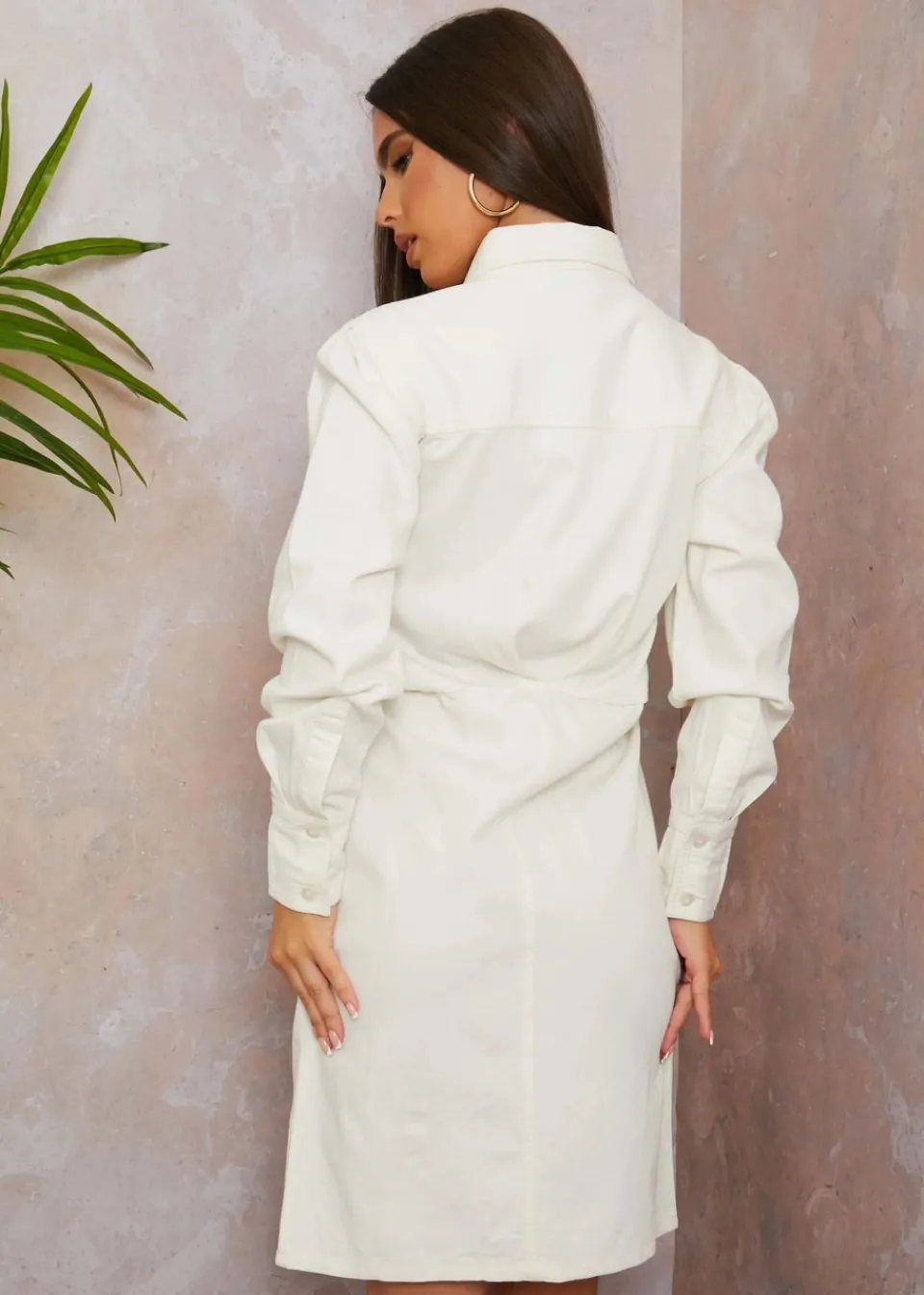 Dresses>Chi Chi London Cream Long Sleeve Denim Midi Dress