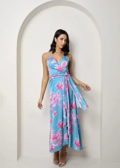 Dresses>Chi Chi London Green Cami Floral Wrap Midi Dip Hem Dress
