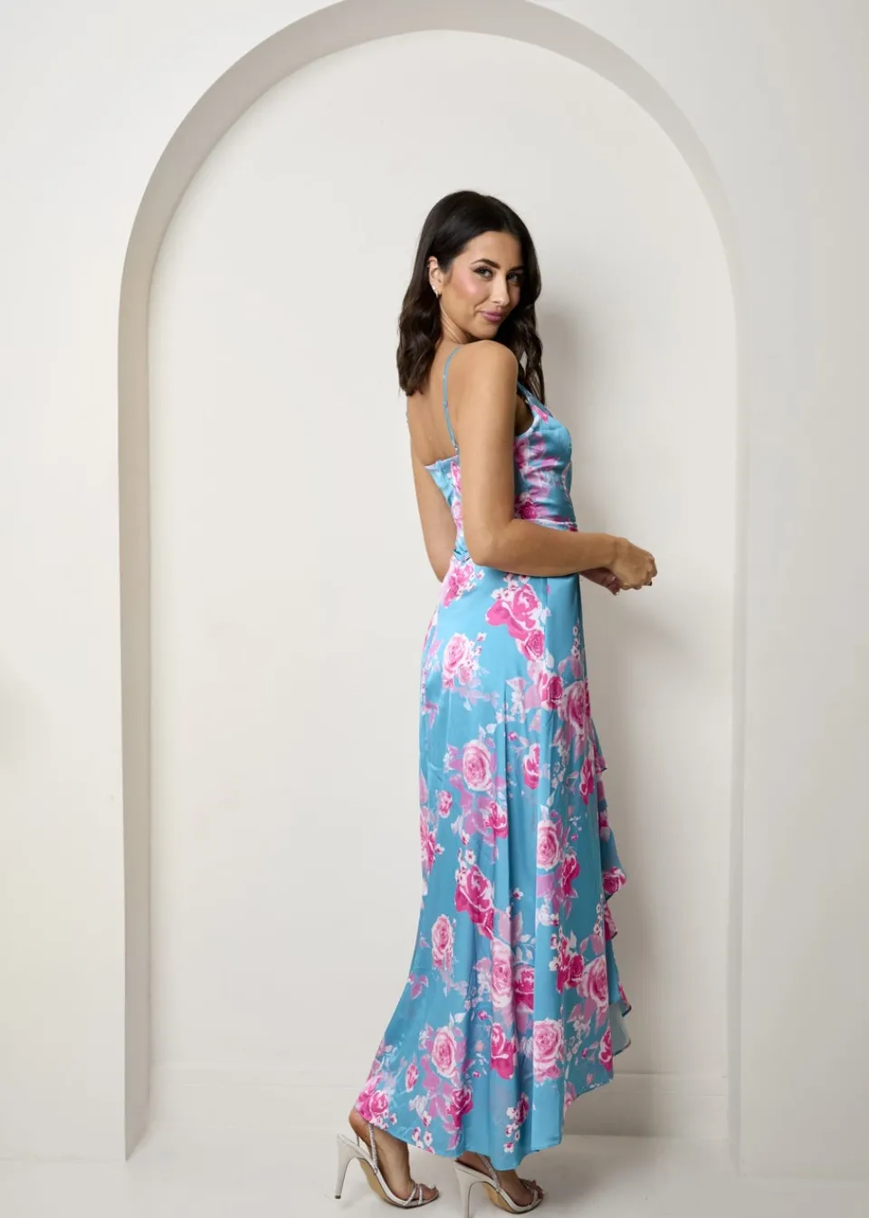 Dresses>Chi Chi London Green Cami Floral Wrap Midi Dip Hem Dress