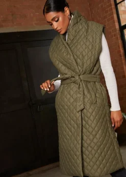 Coats & Jackets>Chi Chi London Khaki Diamond Quilted Longline Belted Gilet