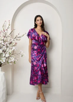 Dresses>Chi Chi London Multi V Neck Floral Wrap Midi Dress