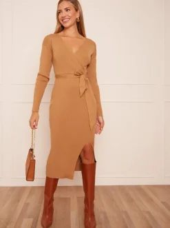 Knitwear>Chi Chi London  Natural Wrap Split Side Knitted Midi Dress