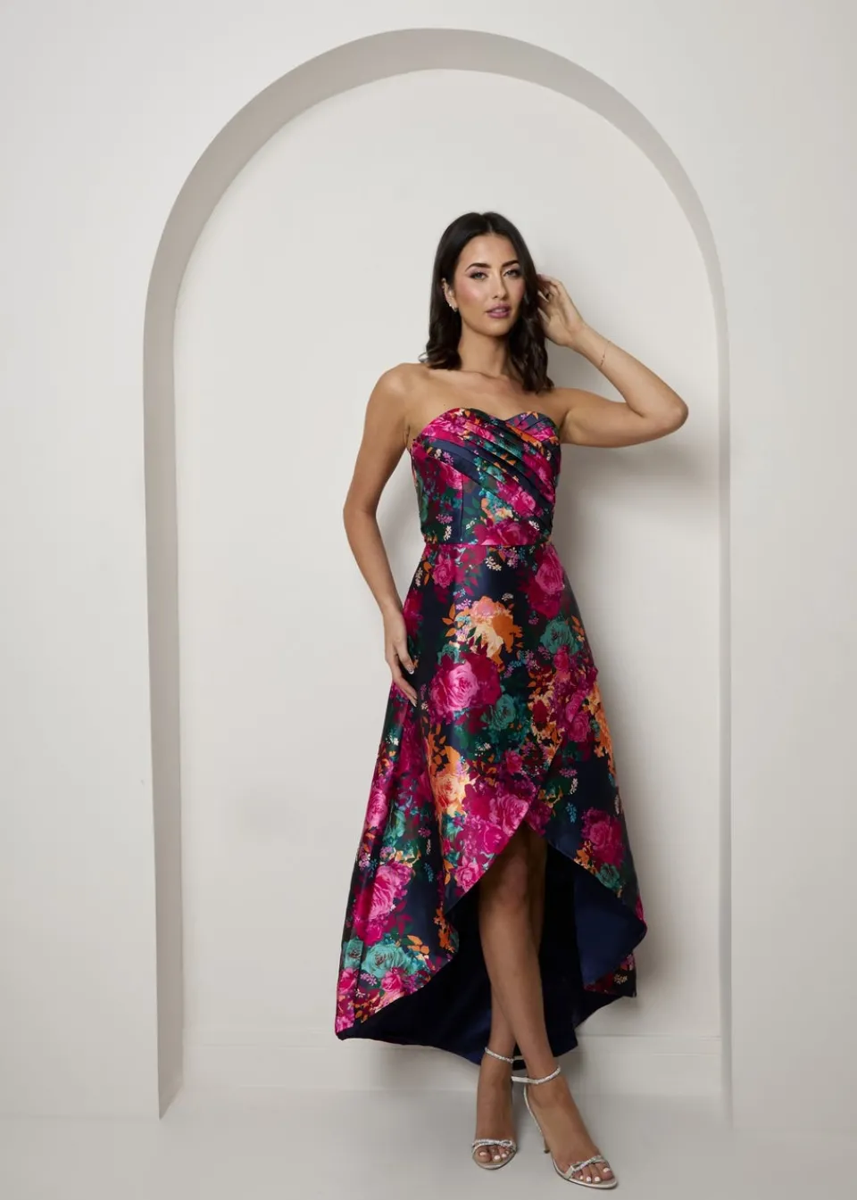 Dresses>Chi Chi London Navy Bandeau Sweetheart Floral Wrap Detail Dip Hem Dress