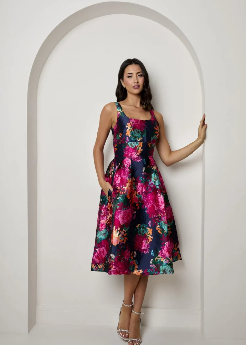 Dresses>Chi Chi London Navy Sleeveless Floral Fit & Flare Midi Dress