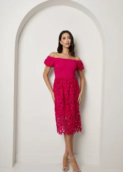 Dresses>Chi Chi London Pink Bardot Premium Lace Fit & Flare Midi Dress