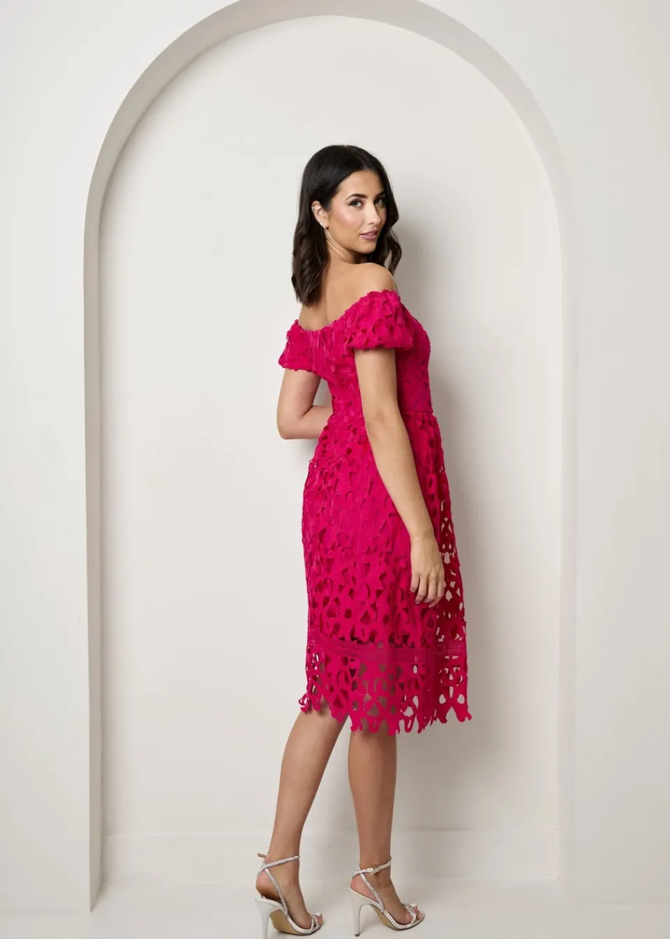 Dresses>Chi Chi London Pink Bardot Premium Lace Fit & Flare Midi Dress