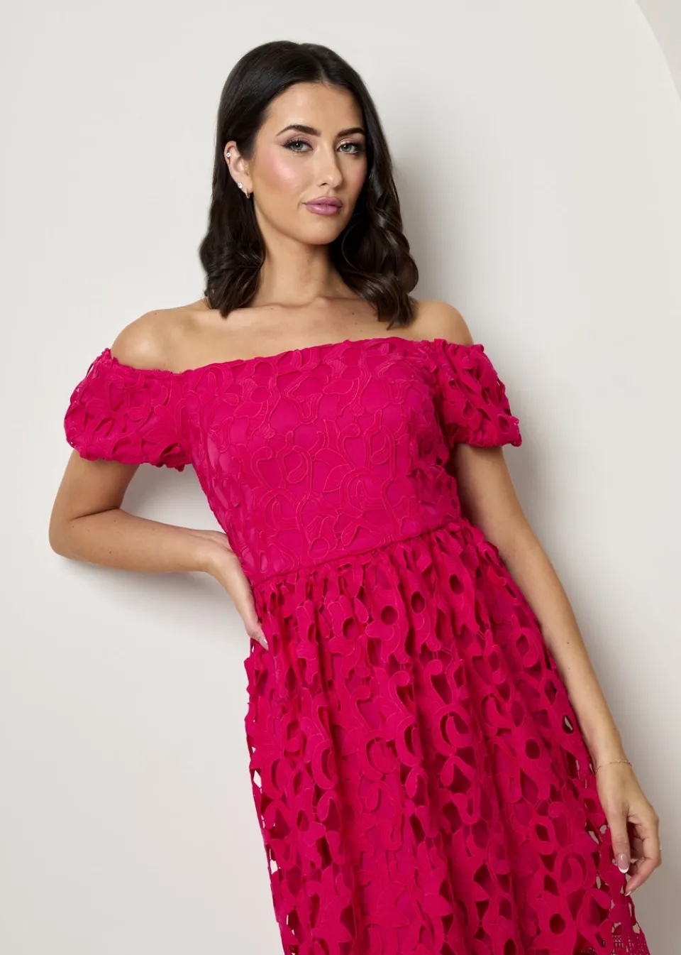 Dresses>Chi Chi London Pink Bardot Premium Lace Fit & Flare Midi Dress
