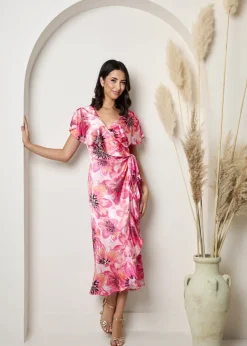 Dresses>Chi Chi London Pink Flutter Sleeve Satin Wrap Dress