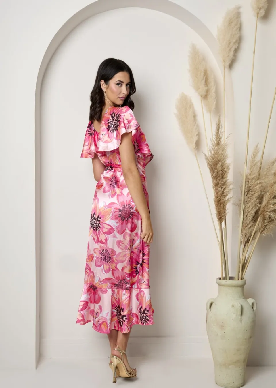 Dresses>Chi Chi London Pink Flutter Sleeve Satin Wrap Dress