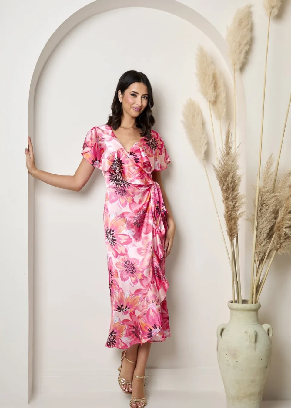 Dresses>Chi Chi London Pink Flutter Sleeve Satin Wrap Dress