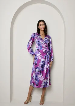 Dresses>Chi Chi London Purple Plus Size Long Sleeve Floral Wrap Dress