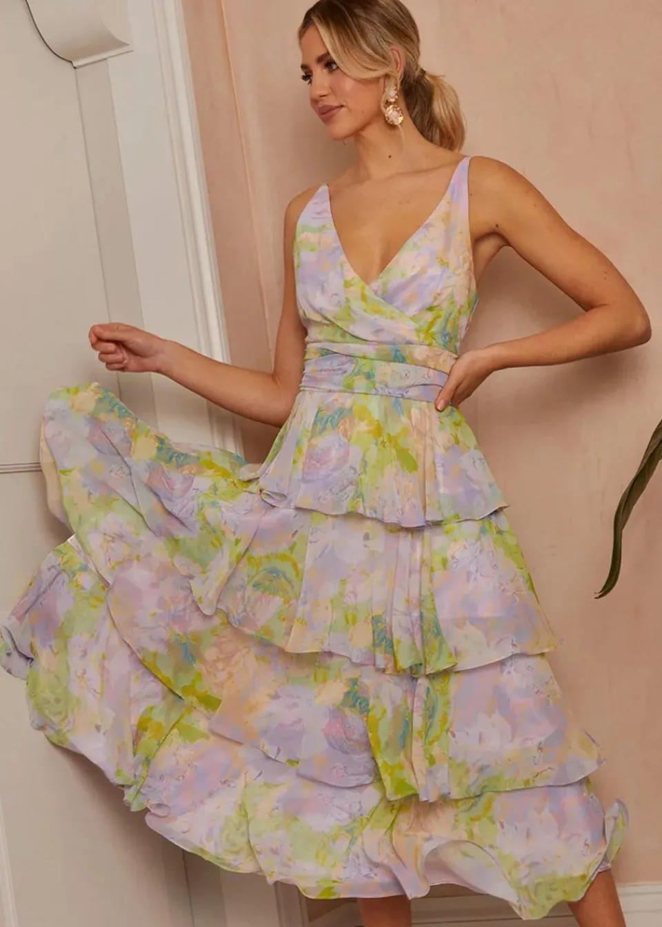Dresses>Chi Chi London Purple Sleeveless Watercolour Print Midi Dress