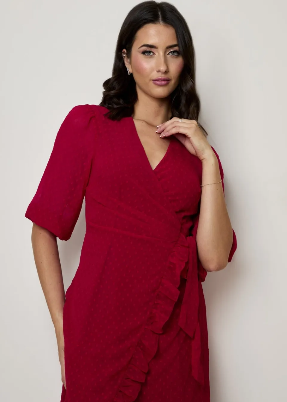 Dresses>Chi Chi London Red Puff Sleeve Dobby Ruffle Wrap Mini Dress