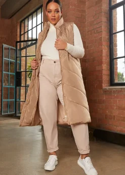 Coats & Jackets>Chi Chi London Tan Diamond Quilt Detail Longline Padded Gilet