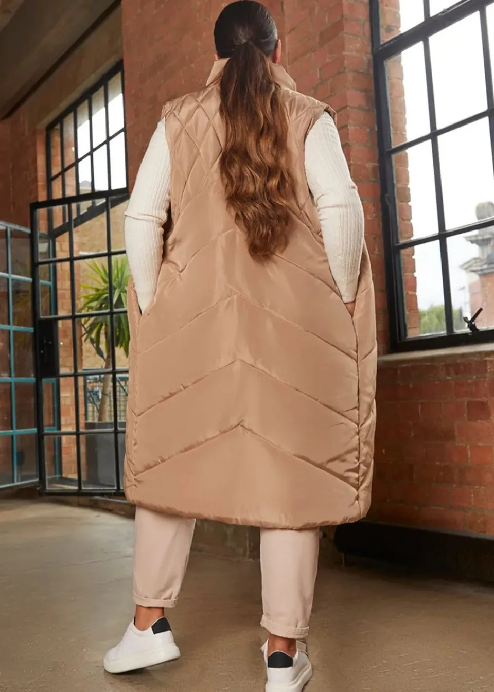 Coats & Jackets>Chi Chi London Tan Diamond Quilt Detail Longline Padded Gilet