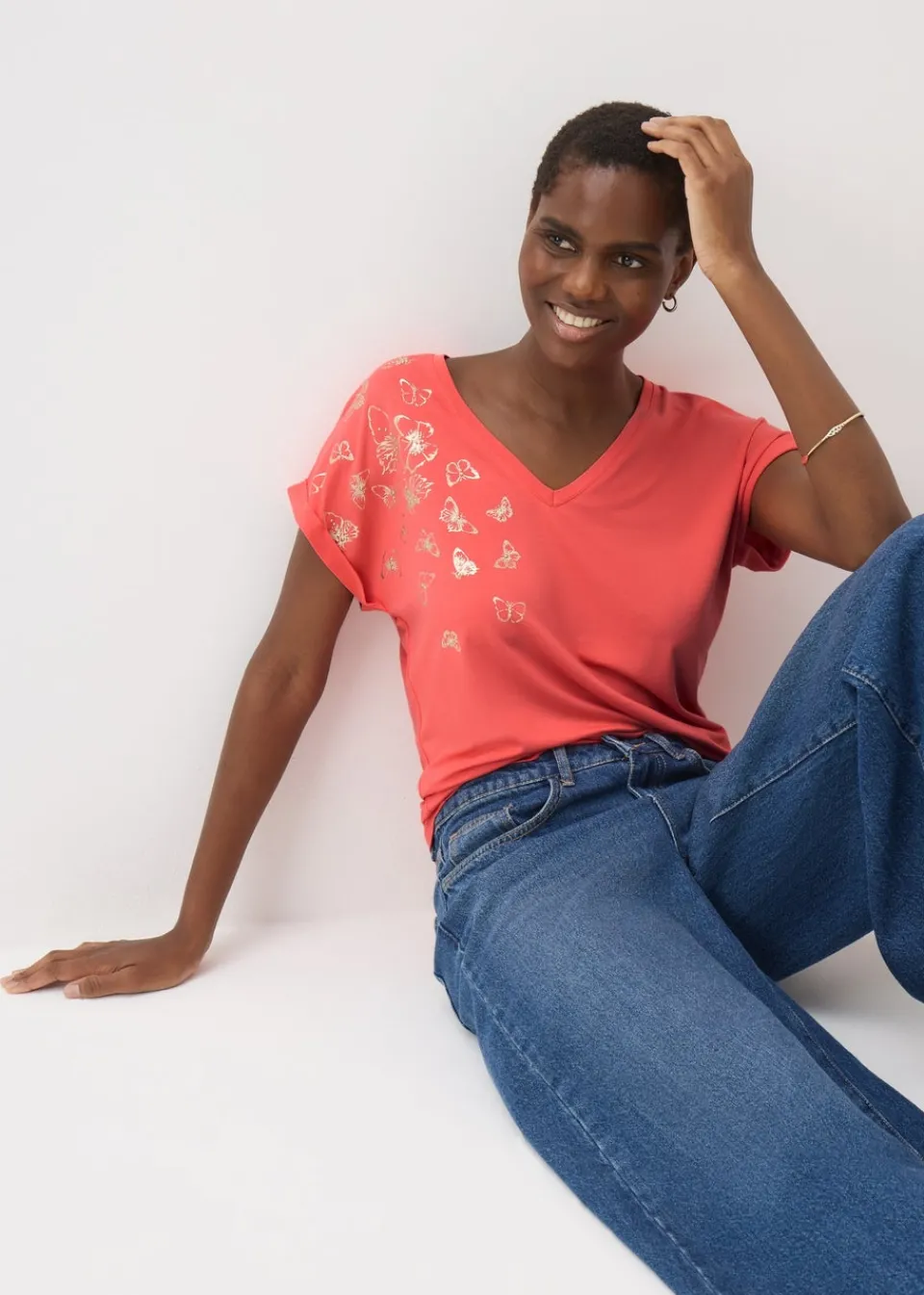 T-Shirts>Papaya Coral Butterfly Foil V-Neck T-Shirt