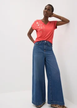 T-Shirts>Papaya Coral Butterfly Foil V-Neck T-Shirt