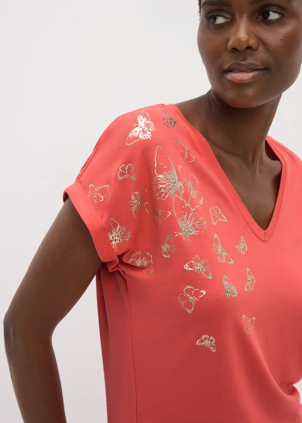 T-Shirts>Papaya Coral Butterfly Foil V-Neck T-Shirt