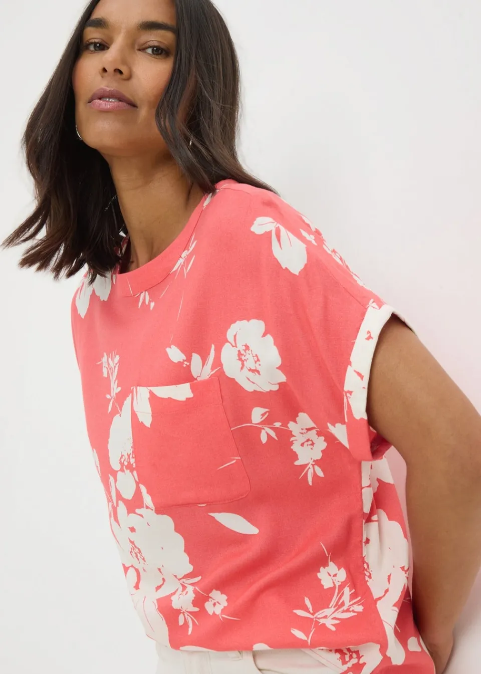 Tops>Papaya Coral Floral Pocket Box Top