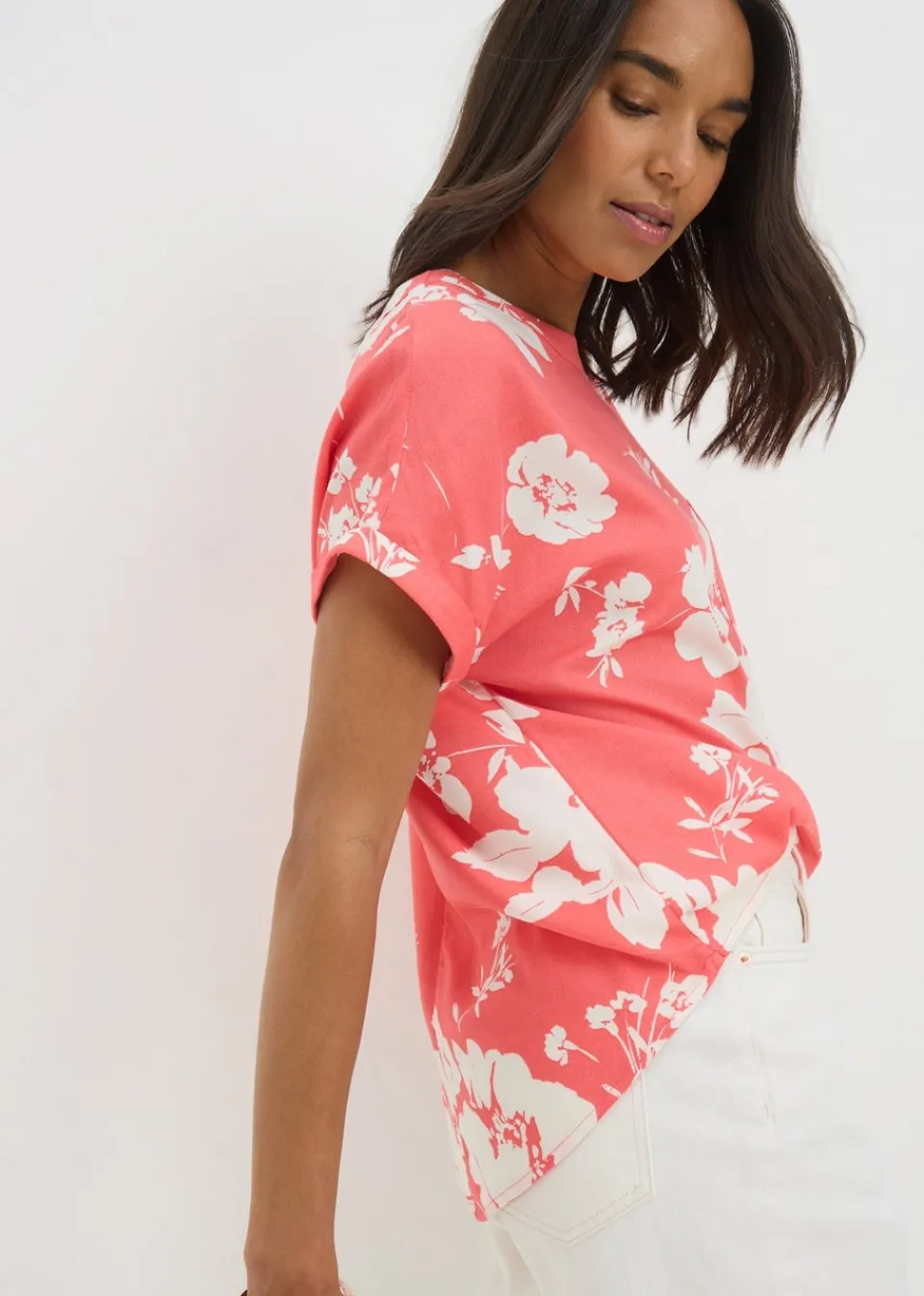 Tops>Papaya Coral Floral Pocket Box Top