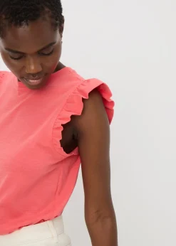 T-Shirts>Papaya Coral Ruffle Sleeve T-Shirt