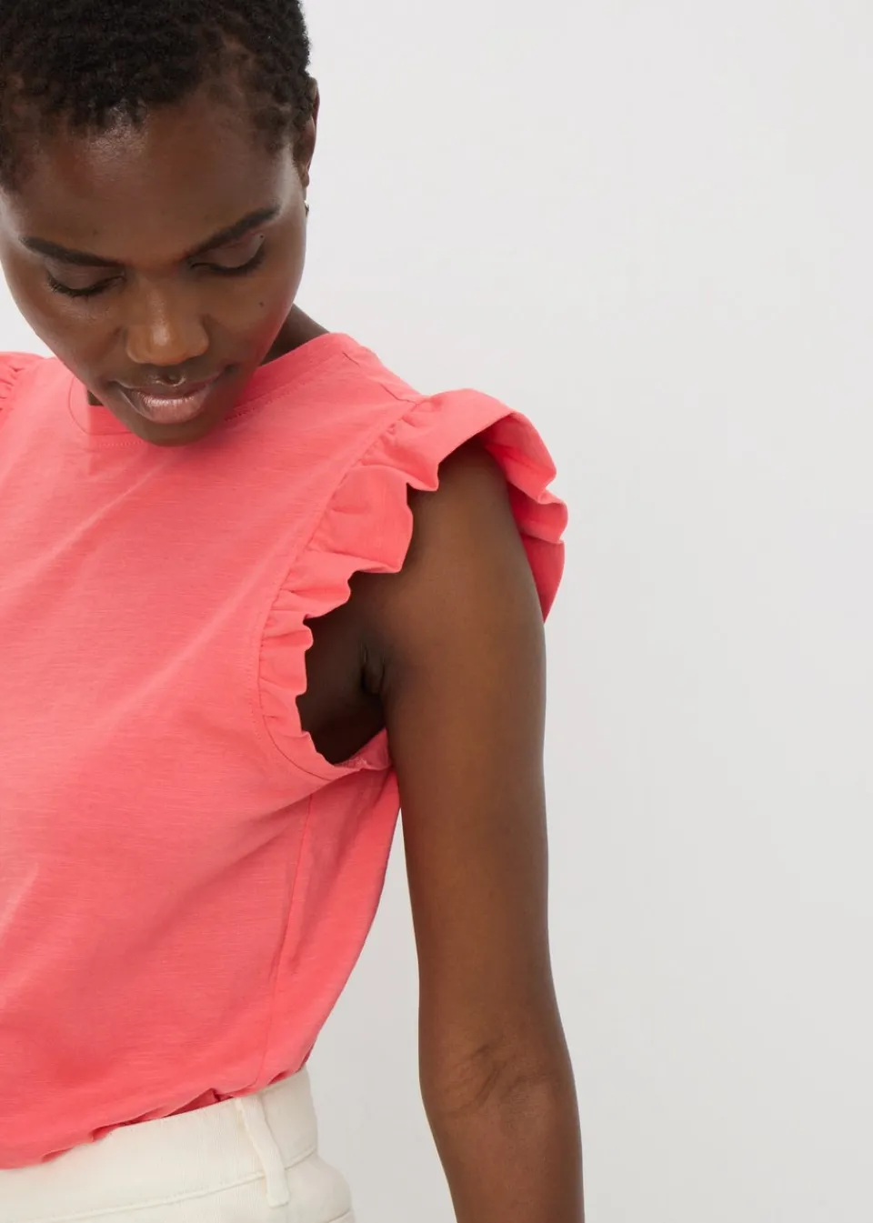 T-Shirts>Papaya Coral Ruffle Sleeve T-Shirt