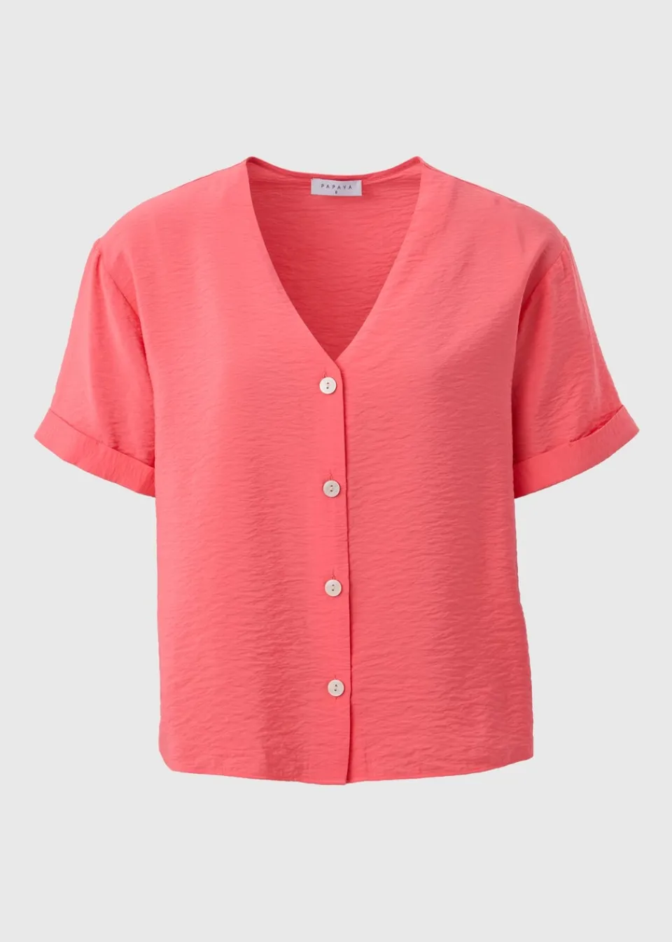 Tops>Papaya Coral Short Sleeve V-Neck Shirt