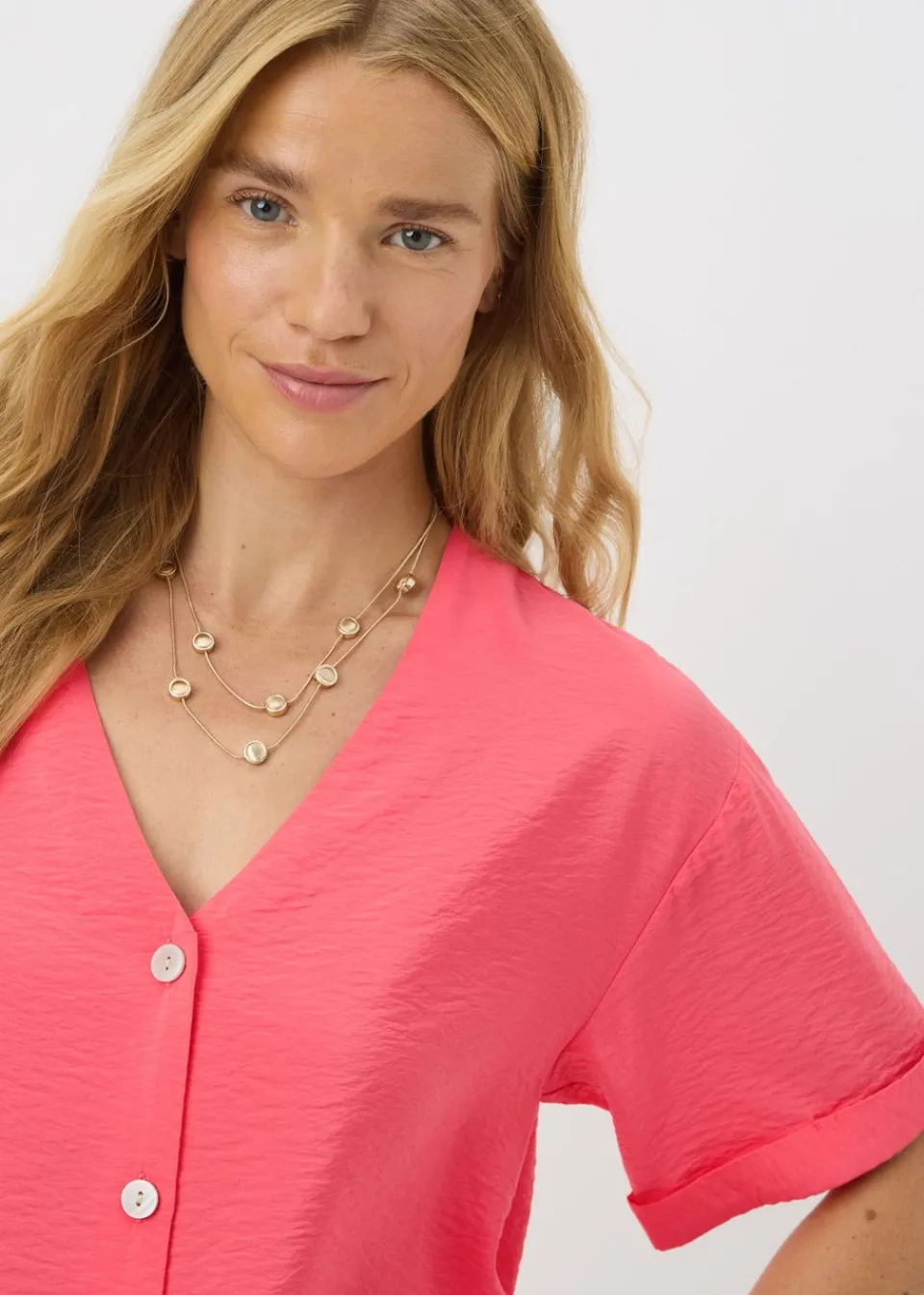 Tops>Papaya Coral Short Sleeve V-Neck Shirt