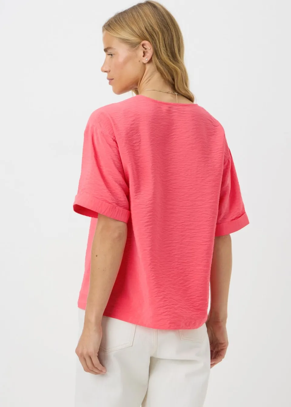 Tops>Papaya Coral Short Sleeve V-Neck Shirt