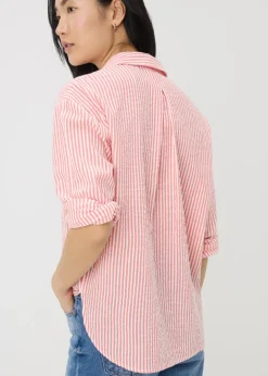 Tops>Papaya Stripe Seersucker Cotton Shirt Coral