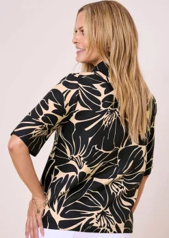 Tops>Cotton Traders Black Half Sleeve Printed Blouse