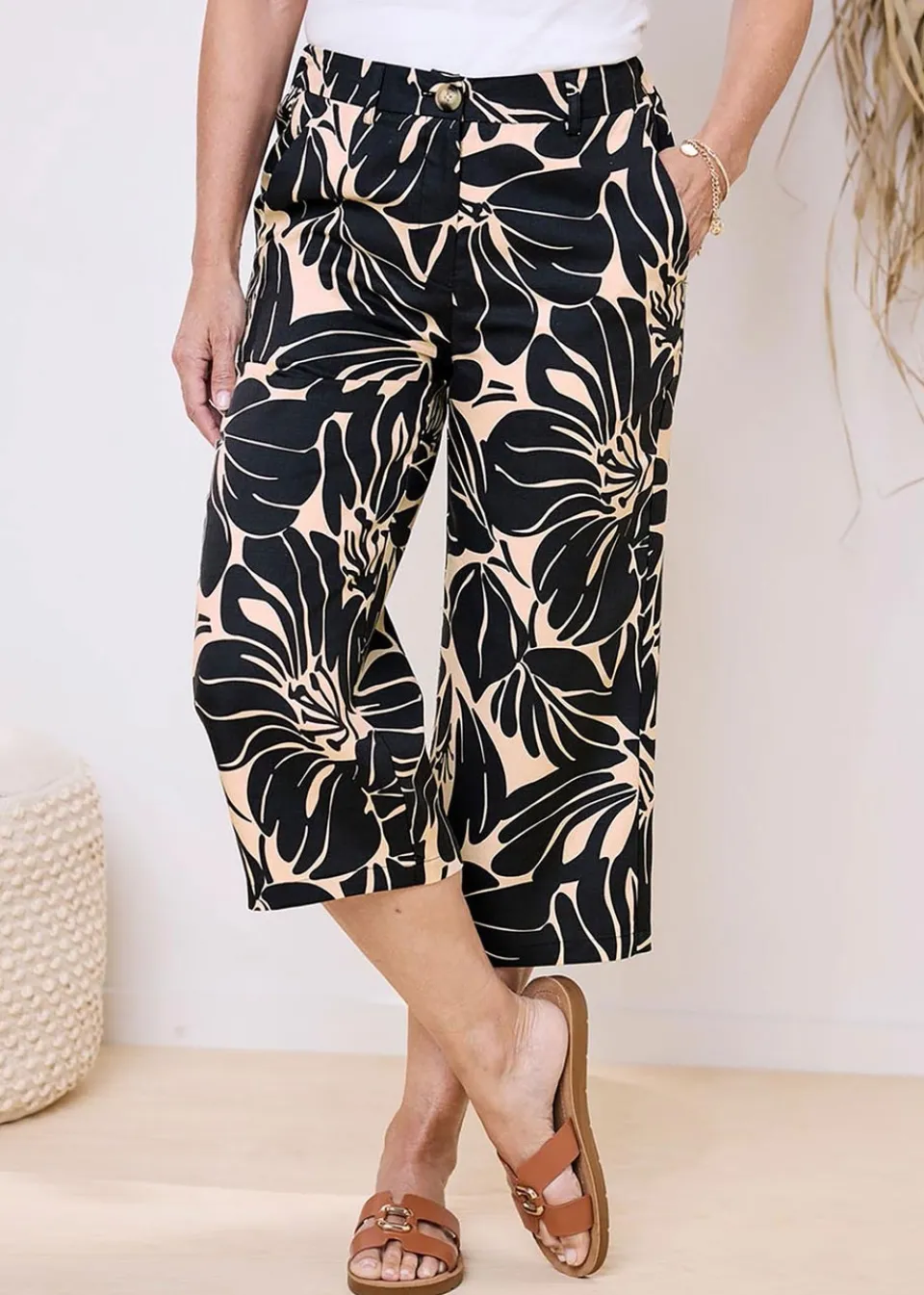 Trousers>Cotton Traders Black Printed Crop Trousers
