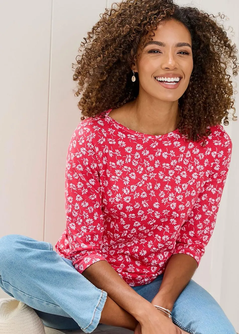 T-Shirts>Cotton Traders Coral 3/4 Sleeve Boat Neck Printed Top