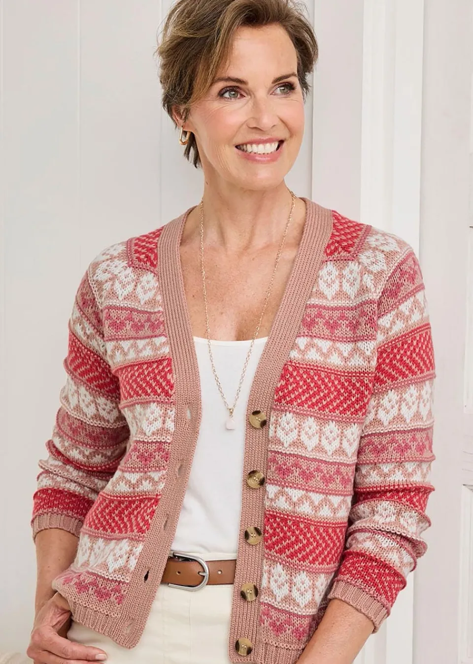 Tops>Cotton Traders Coral Blush Fair Isle Button Cardigan