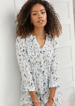 Tops>Cotton Traders Cream Printed Crinkle Tunic