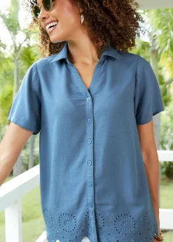 Tops>Cotton Traders Dark Blue Short Sleeve Cut Work Blouse