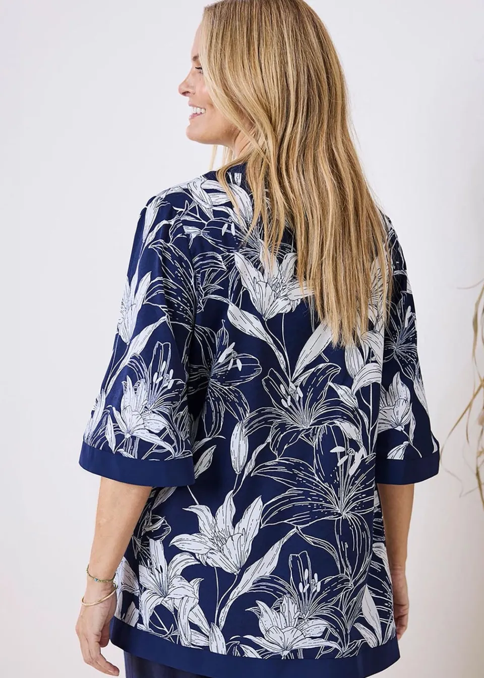 Coats & Jackets>Cotton Traders Dark Blue Printed Kimono