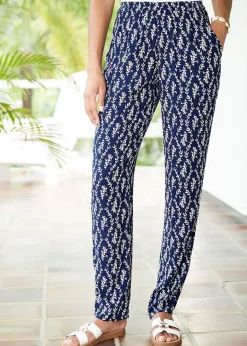 Trousers>Cotton Traders Dark Blue Printed Crinkle Tapered Leg Trousers