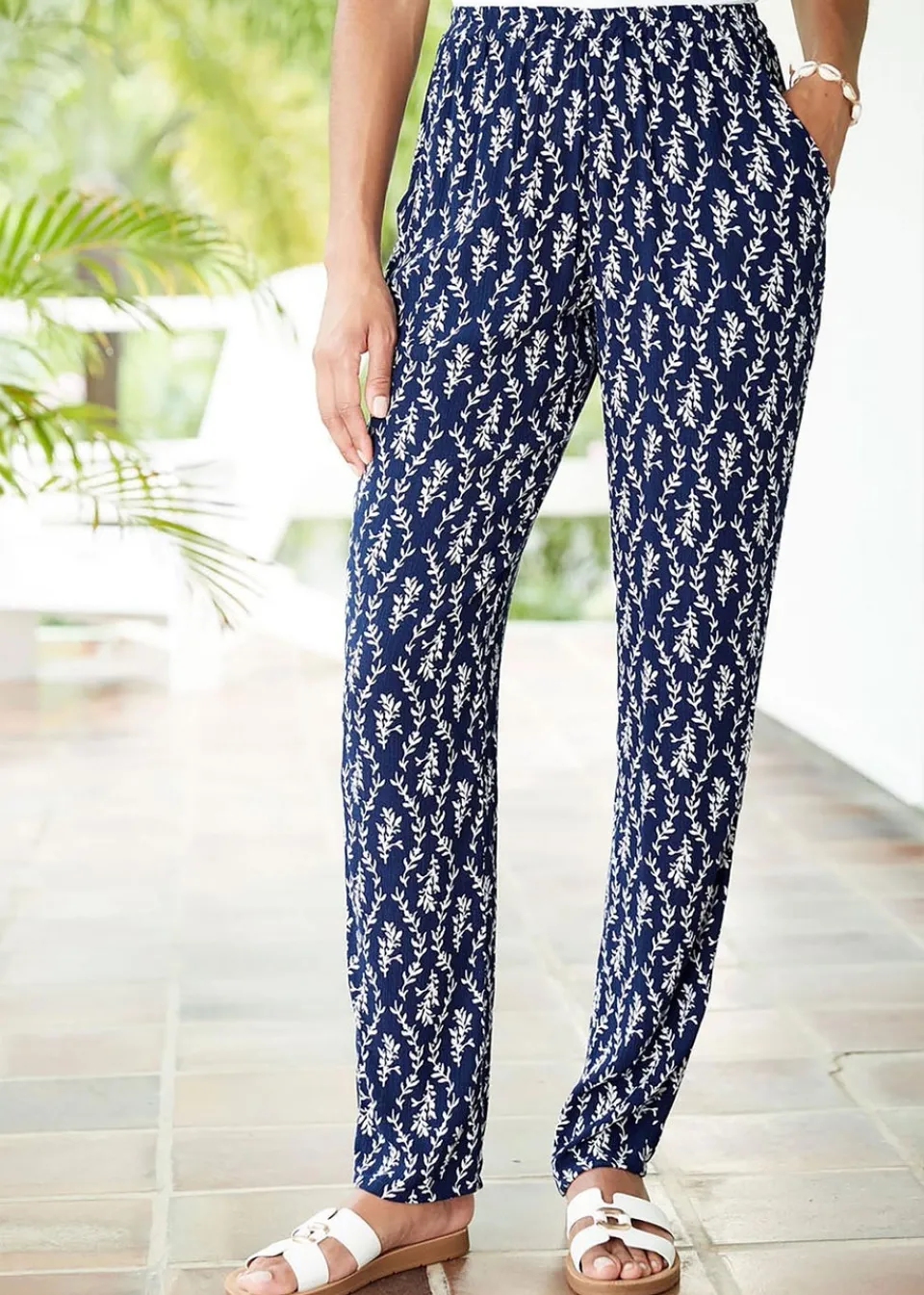 Trousers>Cotton Traders Dark Blue Printed Crinkle Tapered Leg Trousers