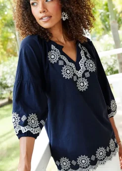 Tops>Cotton Traders Dark Blue Embroidered 3/4 Sleeve Top