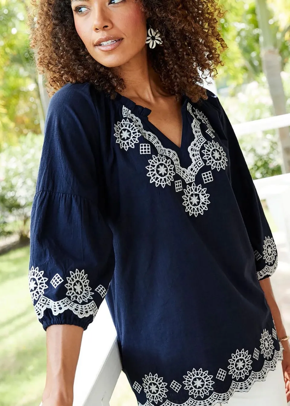 Tops>Cotton Traders Dark Blue Embroidered 3/4 Sleeve Top