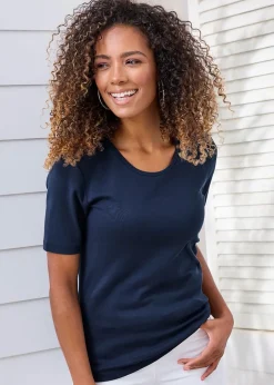 T-Shirts>Cotton Traders Dark Blue Wrinkle Free Short Sleeve Scoop Neck Top