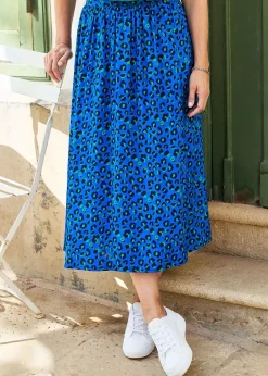 Skirts>Cotton Traders Deep Cobalt Printed Pull-On Midi Skirt