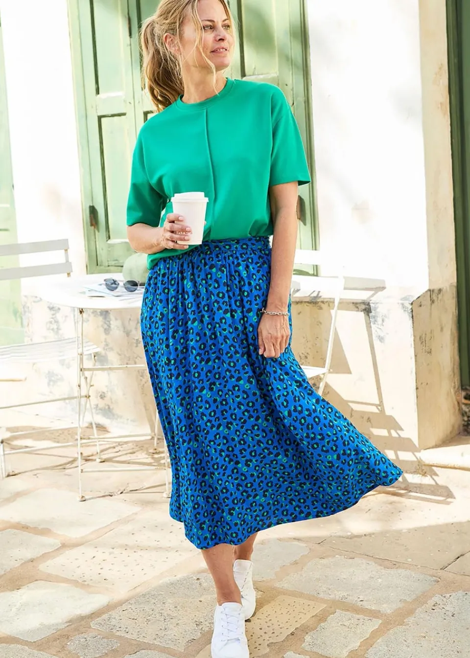 Skirts>Cotton Traders Deep Cobalt Printed Pull-On Midi Skirt
